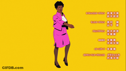 Woman In Pink Suit In Front Of Yellow Background GIF