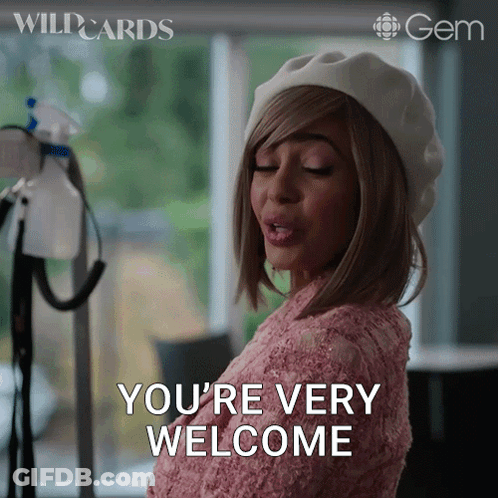 Woman In Pink Sweater And White Beret Says You're Welcome GIF
