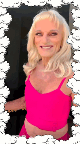 Woman In Pink Tank Top Smiling In Cloud Frame GIF