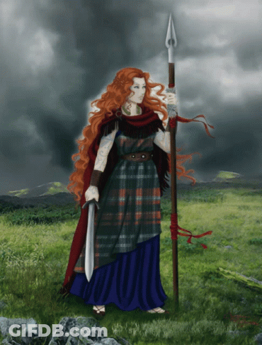 Woman In Plaid Dress Holding Spear And Sword GIF