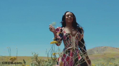 Woman In Plaid Dress In Yellow Flower Field GIF