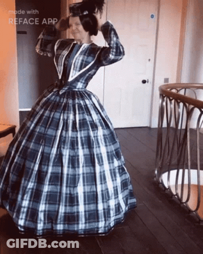 Woman In Plaid Dress Standing In Reface Room GIF