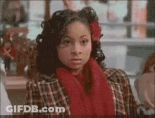Woman In Plaid Jacket And Red Scarf GIF