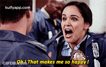 Woman In Police Uniform Screaming At Man Holding Badge GIF