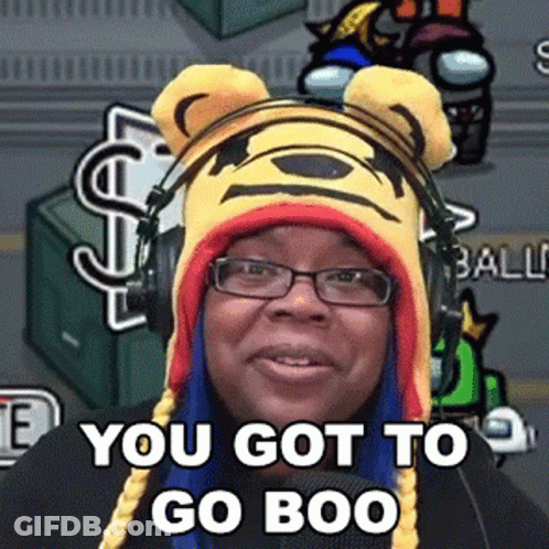 Woman In Pooh Hat And Headphones Saying You Got To Go Boo GIF