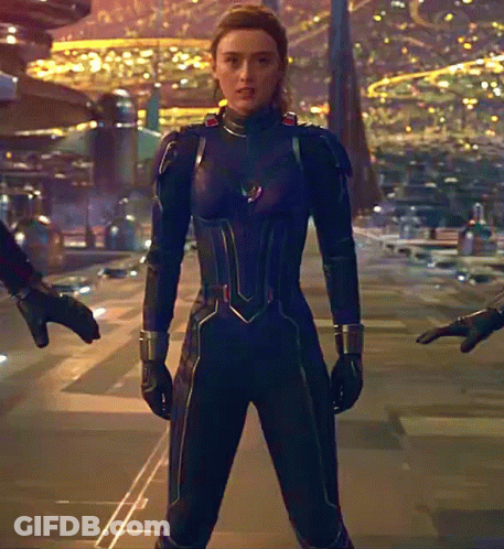 Woman In Purple And Black Suit Standing In Front Of City GIF