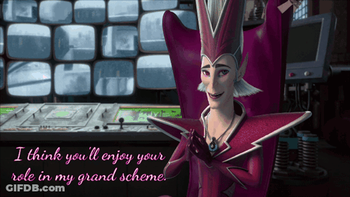 Woman In Purple Costume Saying I Think You'll Enjoy Your Role In My Grand Scheme GIF