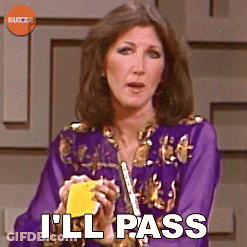 Woman In Purple Dress Holding Yellow Object Says I'll Pass GIF