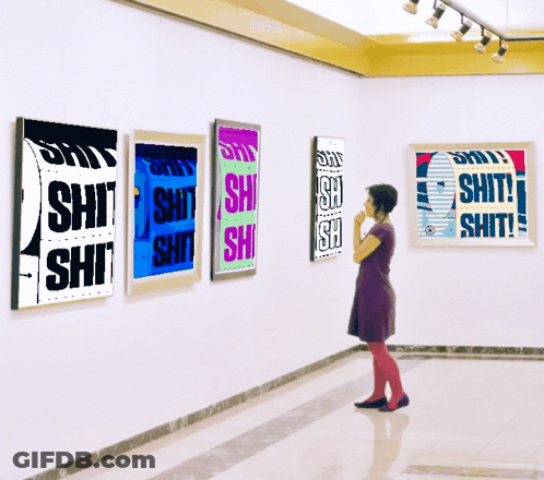 Woman In Purple Dress Looking At Shit Posters GIF