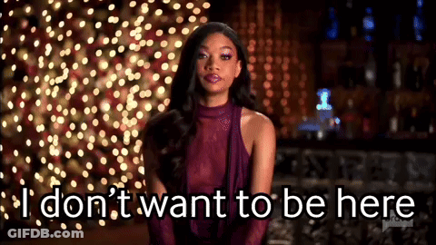 Woman In Purple Dress Saying I Don't Want To Be Here GIF
