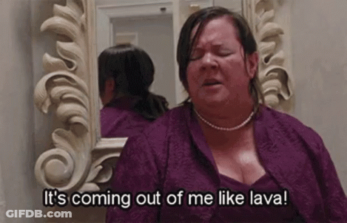 Woman In Purple Dress Saying It's Coming Out Of Me Like Lava GIF