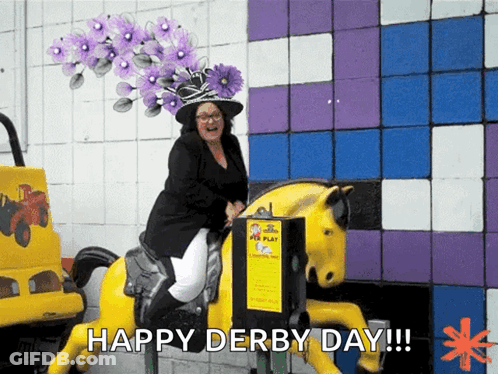 Woman In Purple Hat Riding Yellow Horse GIF