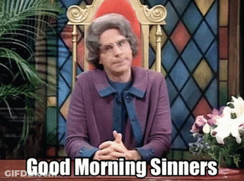 Woman In Purple Jacket Saying Good Morning Sinners At Stained Glass GIF