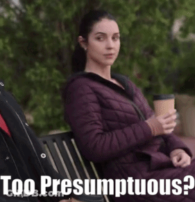 Woman In Purple Jacket Sitting On Bench Holding Coffee Saying Too Presumptuous GIF