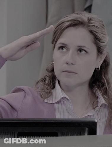 Woman In Purple Saluting At Computer GIF