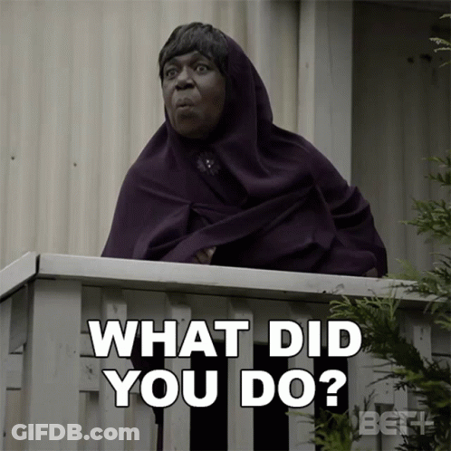 Woman In Purple Scarf On Balcony Asking What Did You Do GIF