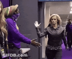 Woman In Purple Shirt Waving To Man In Purple Shirt GIF