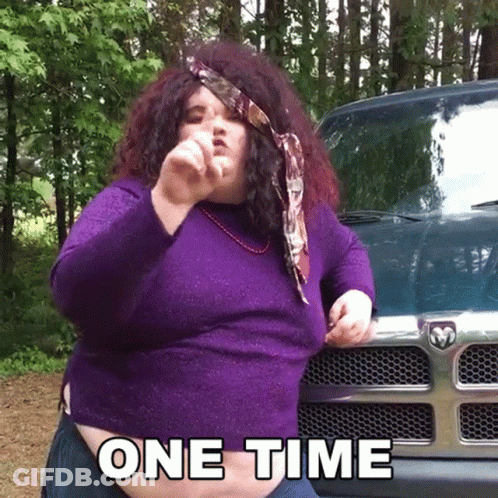 Woman In Purple Sweater In Front Of Dodge Truck Saying One Time GIF