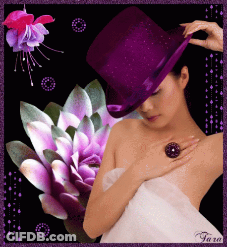 Woman In Purple Top Hat And Purple Flower GIF