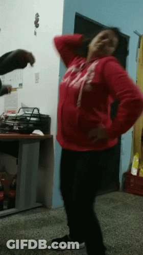 Woman In Red Abercrombie Sweatshirt Dancing GIF