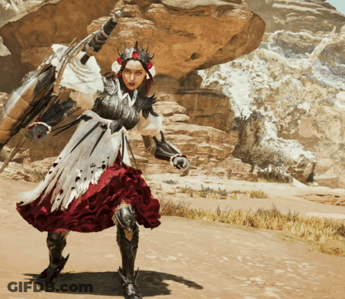 Woman In Red And White Dress Holding Sword And Shield GIF