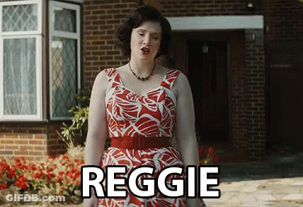 Woman In Red And White Dress In Front Of Brick House Saying Reggie GIF