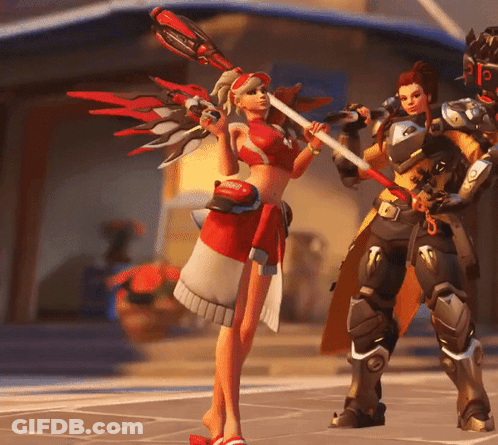 Woman In Red And White Outfit Holding Sword Next To Man In Armor GIF