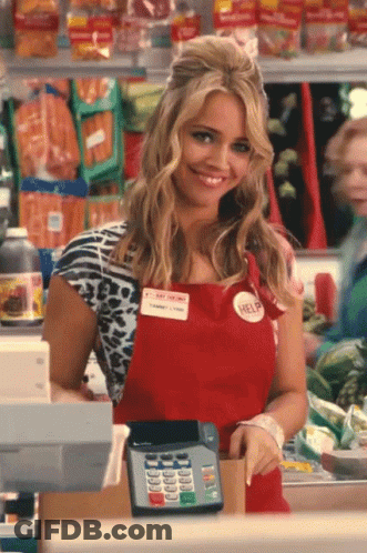 Woman In Red Apron With Help Badge GIF