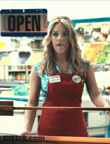 Woman In Red Apron With Open Sign GIF