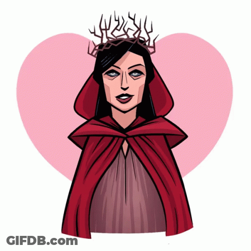 Woman In Red Cape And Crown Of Thorns GIF