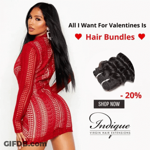 Woman In Red Dress Advertising Virgin Hair Extensions GIF