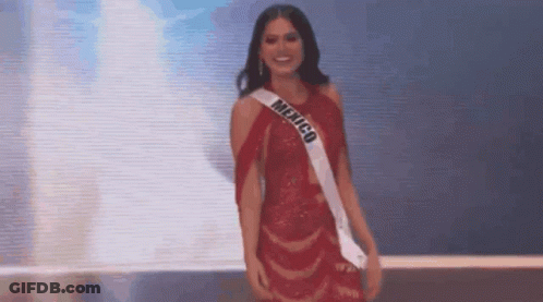 Woman In Red Dress And Mexico Sash On Stage GIF