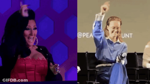 Woman In Red Dress And Woman In Blue Shirt GIF
