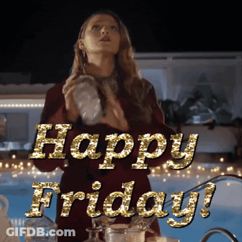 Woman In Red Dress At Pool With Happy Friday Gold Glitter GIF