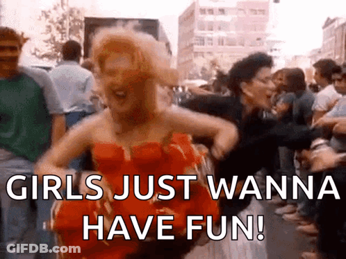 Woman In Red Dress Dancing Girls Just Wanna Have Fun GIF
