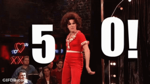 Woman In Red Dress Dancing With 5 And 0 Above GIF