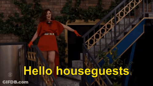 Woman In Red Dress Hello Houseguests On Stairs GIF