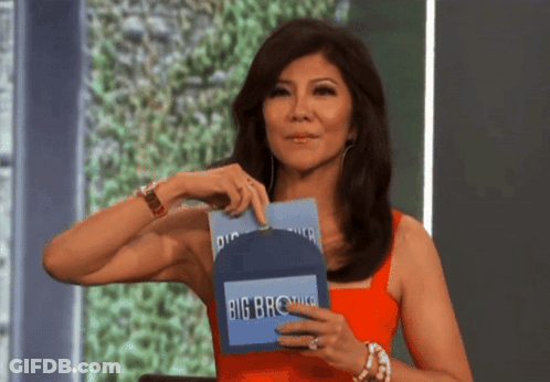 Woman In Red Dress Holding Big Brother Sign GIF