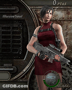 Woman In Red Dress Holding Gun In Front Of PTAS Sign GIF