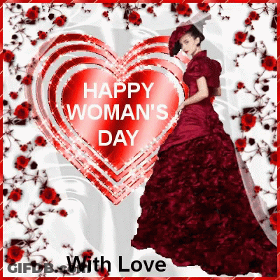 Woman In Red Dress Holding Heart Saying Happy Woman's Day With Love GIF
