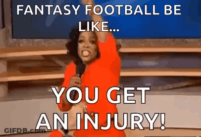 Woman In Red Dress Holding Microphone Saying Fantasy Football Be Like You Get An Injury GIF