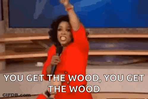 Woman In Red Dress Holding Microphone Saying You Get The Wood GIF