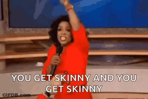 Woman In Red Dress Holding Microphone Says You Get Skinny GIF