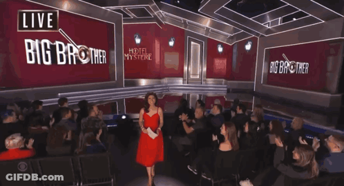 Woman In Red Dress In Front Of Big Brother Sign GIF
