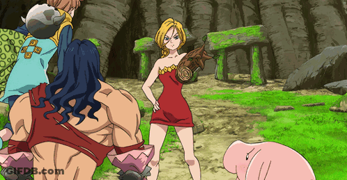 Woman In Red Dress In Front Of Cartoon Characters GIF