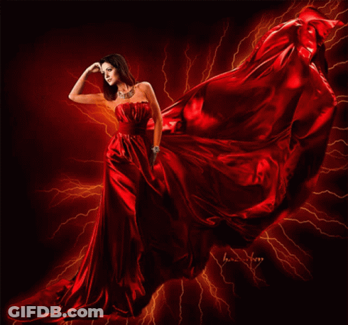 Woman In Red Dress In Front Of Lightning GIF