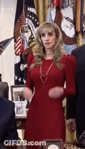 Woman In Red Dress In Front Of U.S. Army Flag GIF