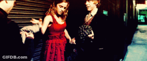 Woman In Red Dress Next To Man In Suit GIF