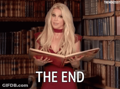 Woman In Red Dress Reading Book Saying The End GIF