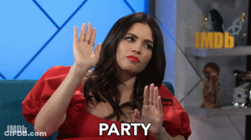 Woman In Red Dress Saying Party In Front Of IMDb Logo GIF